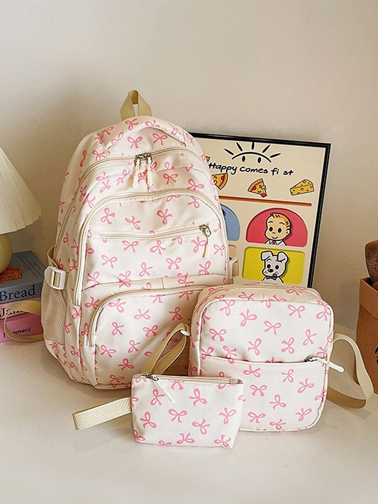 Set di 3 zaini scolastici per ragazze adolescenti: zaino in tela leggero con stampa di un grazioso fiocco rosa, borsa a tracolla di grande capacità e astuccio per matite, perfetto per la scuola, i viaggi e l'uso quotidiano. del 2025 a $26.99 –P5
