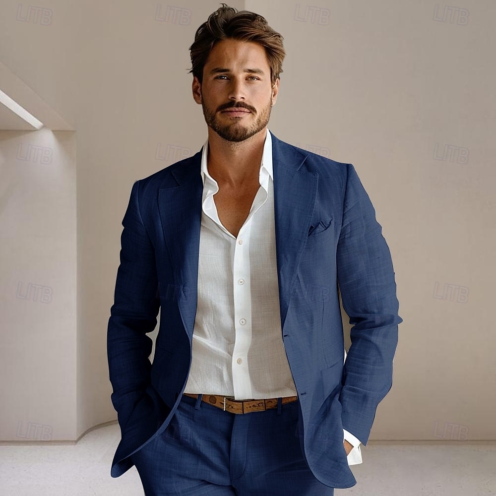 Herr Kavajjacka Bröllop Årsdag Fest Sommar Vår Linne Ensfärgat Enkelknäppt med Ett Knapphål Blazer Mörkgrå Svart Marinblå Blå 2025 - $46.99 –P17