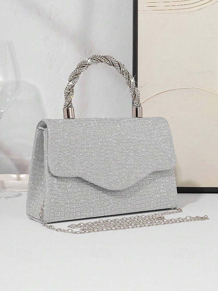 Bolso de mano para mujer con purpurina plateada y asa de diamantes de imitación: elegante bolso de noche para fiestas, bodas y cócteles. 2025 - $24.99 –P5