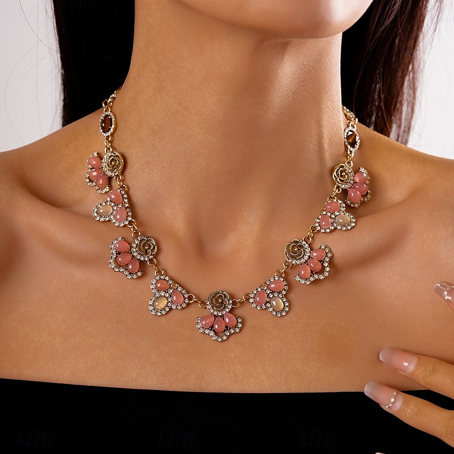 Set di gioielli vintage da donna con cristalli floreali: elegante collana in oro e orecchini pendenti con pietre preziose rosa e verdi, accessori romantici per balli serali e cocktail party del 2025 a $24.99 –P3