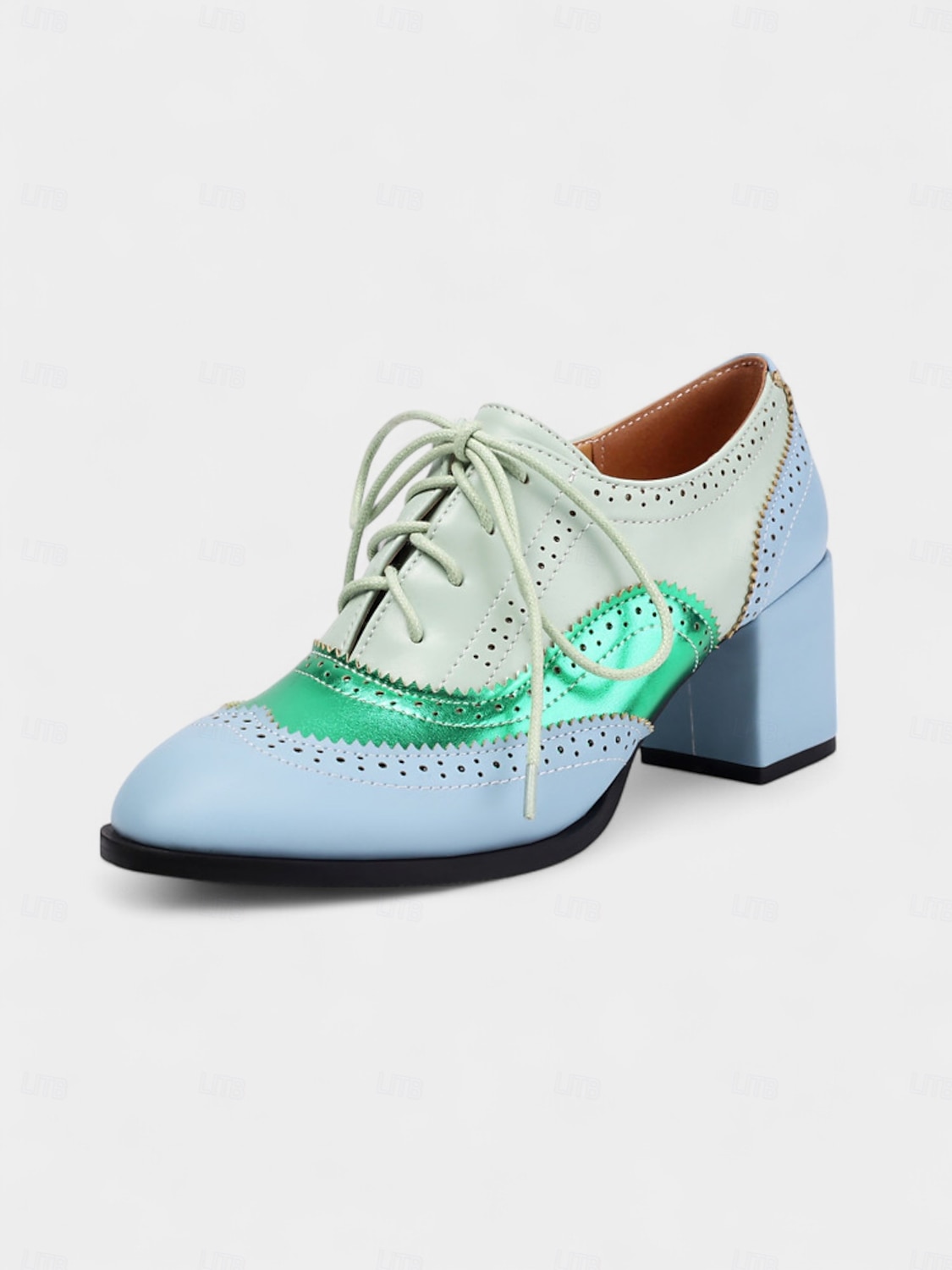 Zweifarbige Oxford-Schuhe mit Blockabsatz für Damen – Retro-Schnürschuhe in Mintgrün und Metallic für den Streetstyle im 50er-Jahre-Stil, Alltagsoutfits und legere Anlässe 2025 - $46.99 –P3