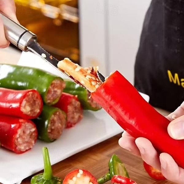 Extractor de semillas de pimiento, 2 unidades, herramienta extractora de corazón de chile de acero inoxidable para pimientos morrones, melón amargo y pimientos verdes, utensilio de cocina fácil para 2025 - $6.99 –P3