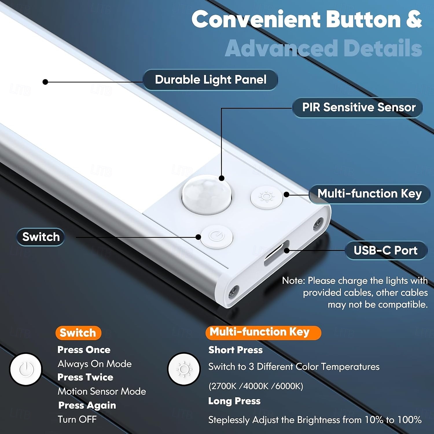 Lampe à détecteur de mouvement, 3 températures de couleur, éclairage de placard à intensité variable, éclairage sous meuble rechargeable par USB, lampe de nuit à bâton magnétique pour cuisine, de 2025 ? $14.49 –P2