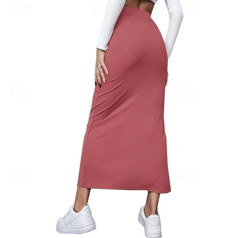 Dames Rok Casual Maxi Medium taille Rokken Effen Gespleten punten Micro-elastisch Vakantie Straat Zwart Rood Licht Bruin Bruin Zomer Polyester 2025 - $17.99 –P12