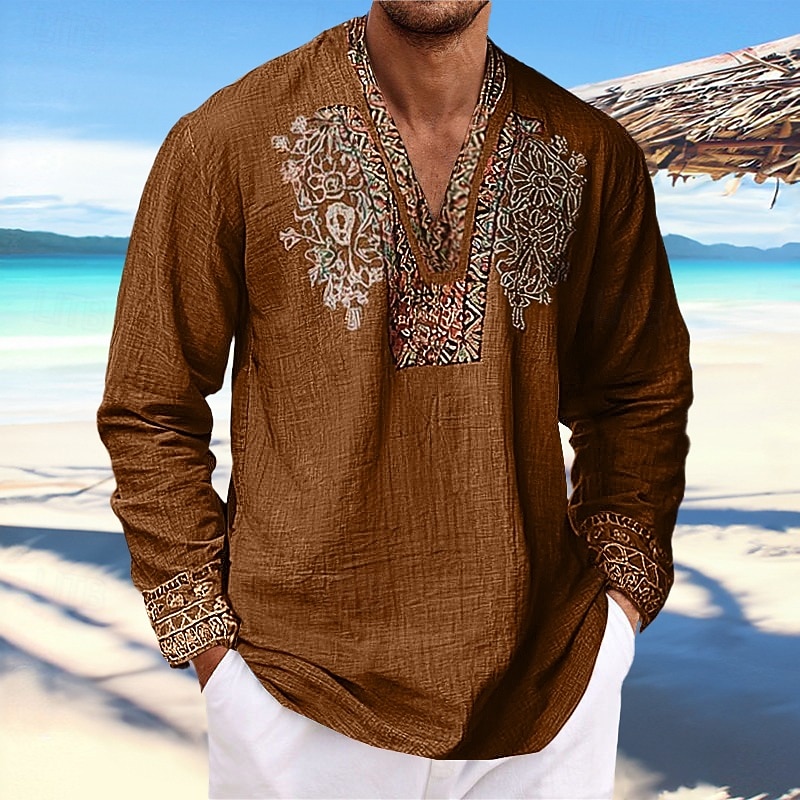 Męskie Koszula lniana Koszula Popover Letnia koszula Stroje plażowe Koszula w stylu vintage Koszula etniczna Kwiatowy Urlop Codzienny Żółty Niebieski Pomarańczowy Brązowy Długi rękaw W serek Lato 2026 - $23.99 –P11