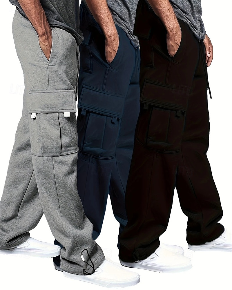 Multi-pakketten 3 stuks Voor heren Zwart + grijs + blauw Joggingbroek met wijde pijpen Broek Elastische taille Trekkoord Effen Vakantie Alledaagse kleding Polyester Lente 2025 - $35.99 –P4
