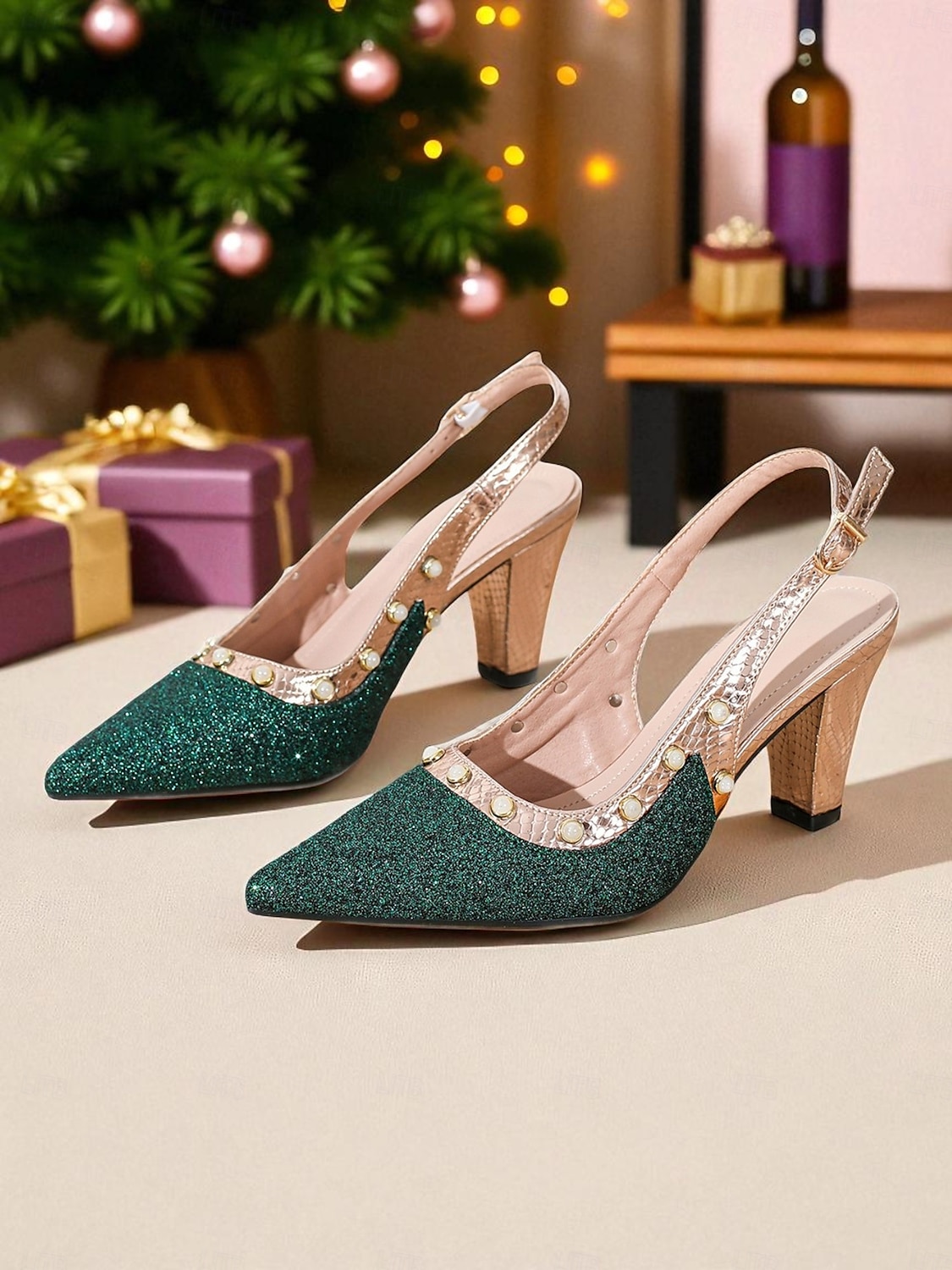 Sapatos de salto alto femininos com glitter verde, tira dourada e detalhes em pérolas - sapatos de festa estilosos para a vida noturna e baladas de 2026 por $46.99 –P1