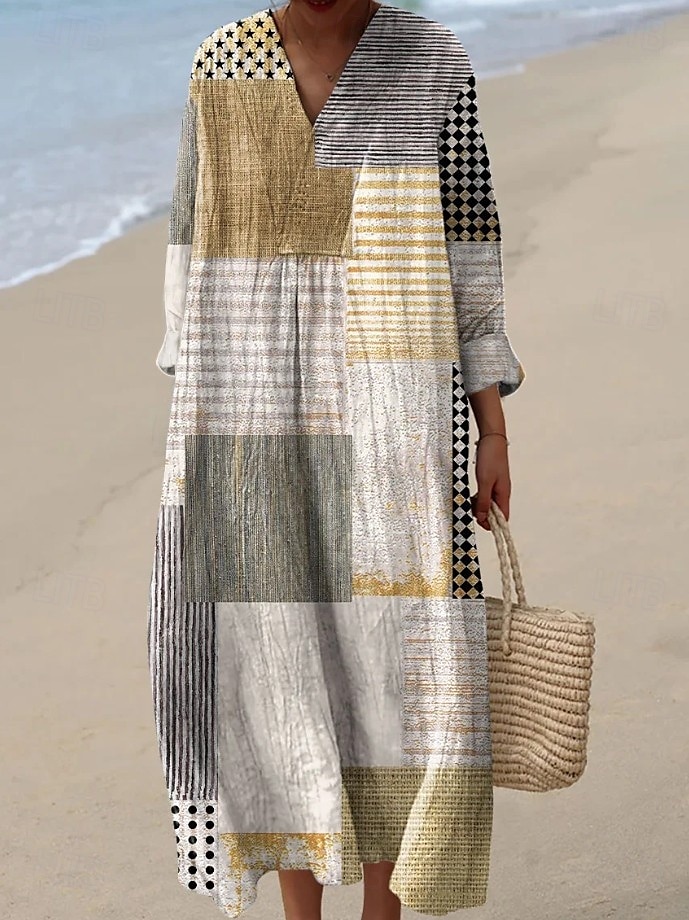 Damskie Sukienka maxi Sukienka letnia Sukienka A line Urlop Codzienny Boho Wyjściowe Plaża Graficzny Geometryczny Naszywka Długi rękaw W serek jesion Czarny Żółty Rumiany róż Lato Wiosna 2025 - $35.99 –P3