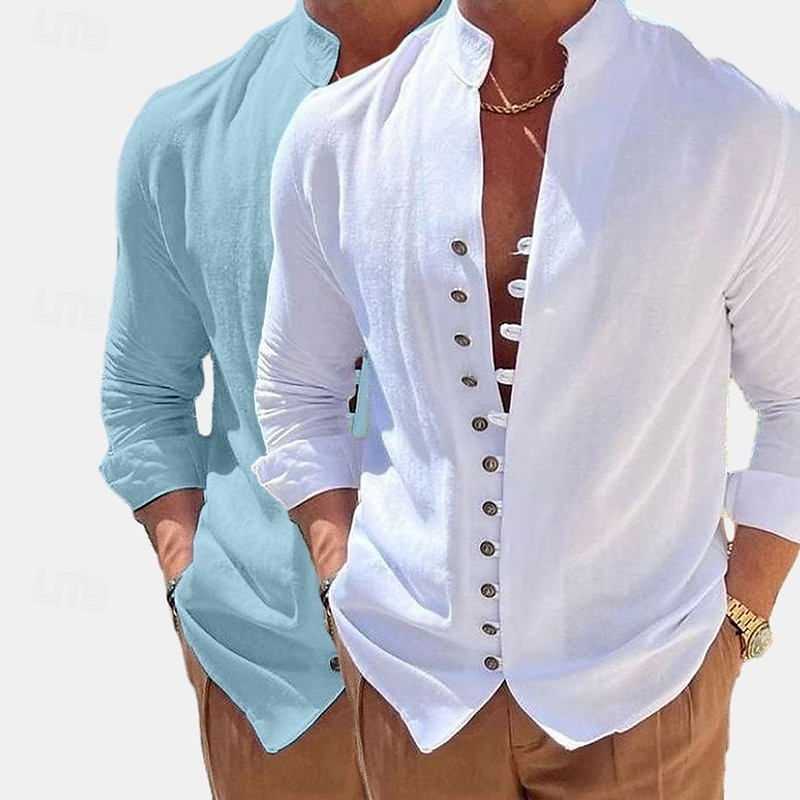 Men's Shirt Linen Shirt Summer Shirt Casual Shirt Button Up Shirt Plain Vacation Curise Green+pink Green+Khaki Blue+Khaki Khaki+Orange Long Sleeve Band Collar Summer Spring &  Fall Clothing Apparel 2026 - $29.99 –P14