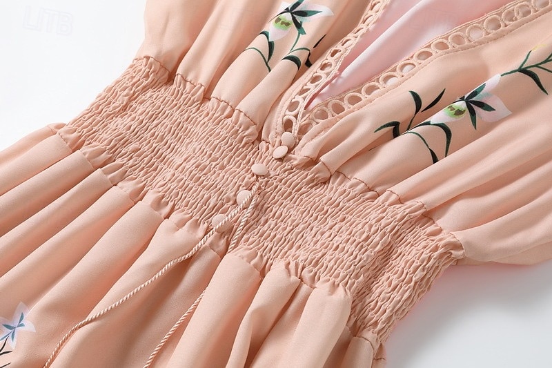 rochie midi pentru femei boem cu decolteu în V broderie florală talie elastică șnur cu mânecă scurtă vacanță la plajă roz confortabil potrivire regulată îmbrăcăminte ocazională de vară 2025 - $31.99 –P4