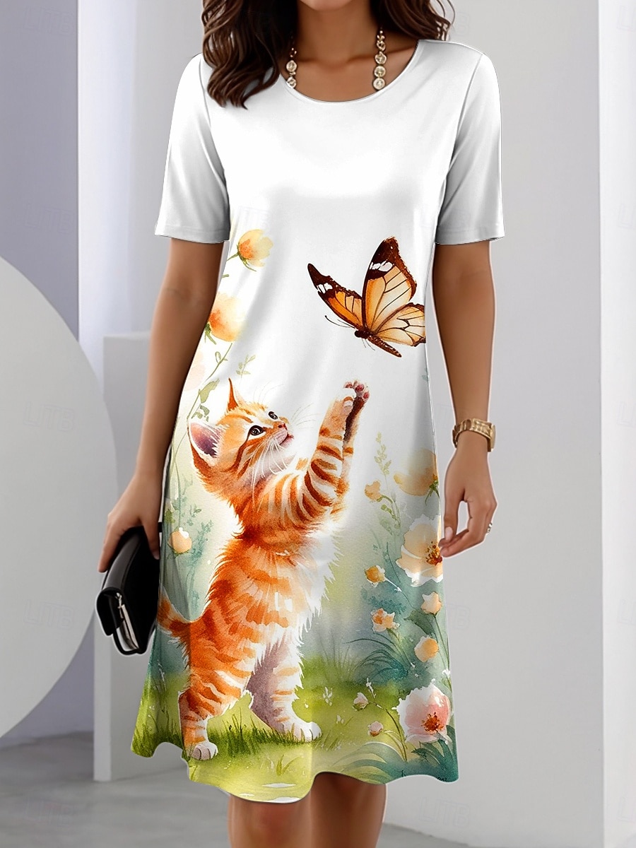 Women's Mini Dress T Shirt Dress Tee Dress Shift Dress Summer Dress Vacation Casual Daily Regular Fit Graphic Animal Cat Short Sleeve Crewneck Yellow Blue Green Summer Spring 2025 - $23.99 –P3