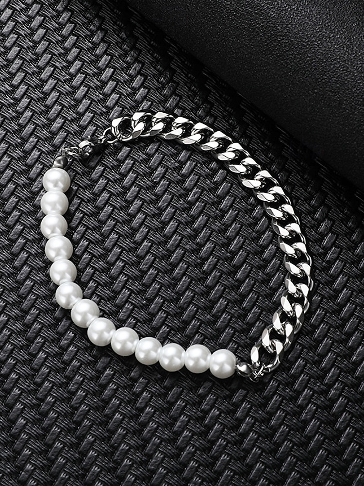 męski zestaw biżuterii z pereł i łańcuszków – modny naszyjnik i bransoletka z pół perły, pół metalu na styl uliczny, hip-hopowy i imprezowy 2026 - $9.99 –P8