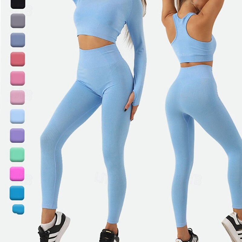 Mulheres Macacão de ioga com franzido Moletom de ioga Trajes de lazer Outono Côr Sólida Conjuntos Cinzento Escuro Preto Treino de Ginástica Cintura Alta Esticar Respirável Manga Longa Esporte Roupas de 2025 por $46.99 –P1