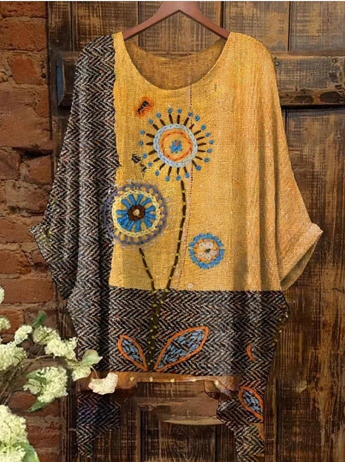 Dame Bluse Grafisk Geometrisk Elegant Bohem Årgang Kortermet Flaggermusermer Crew-hals Vanlige topper Daglig Ferie Strand Klær Trykt mønster Grønn Og Blå Gul Rosa Lysebrun Blå Sommer Vår 2025 - $22.99 –P2
