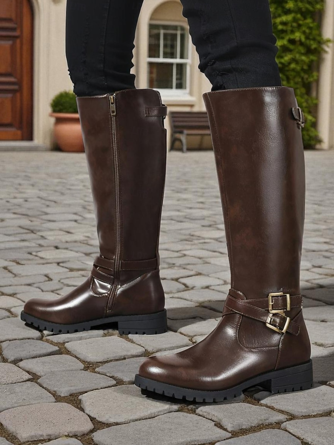Botas de montar hasta la rodilla para mujer en color café con detalle de hebilla: botas clásicas de piel sintética de pantorrilla ancha para otoño, viajes y uso diario. 2025 - $46.99 –P3