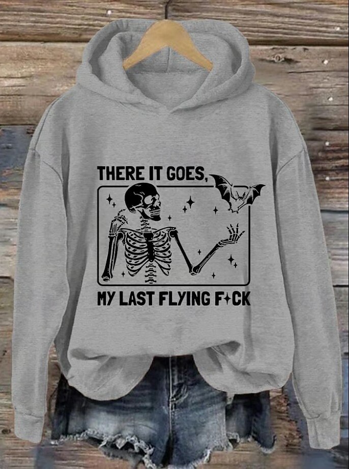 Sweat à capuche pour femme « There it goes my last flying f*ck » avec motif tête de mort, imprimé décontracté, manches longues, style urbain, cordon de serrage, automne-hiver de 2025 ? $24.99 –P5