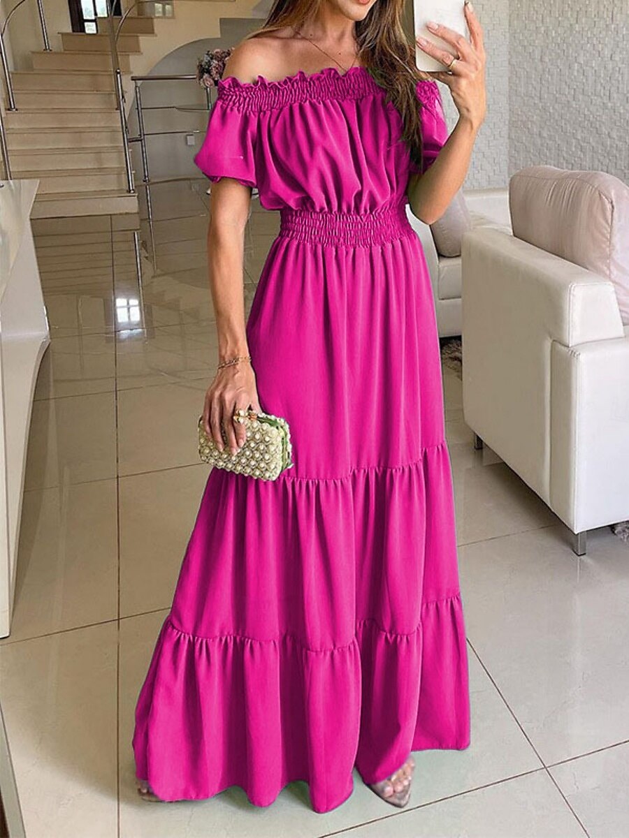 Damen Langes Kleid Maxikleid Cocktailkleid Kleid für Hochzeitsgäste Chiffon Schwingkleid Mode Modern Outdoor Urlaub Täglich Normale Passform Einfach Kurzarm Schulterfrei Gelb Blau Fuchsie Grün Sommer 2025 - $22.99 –P3