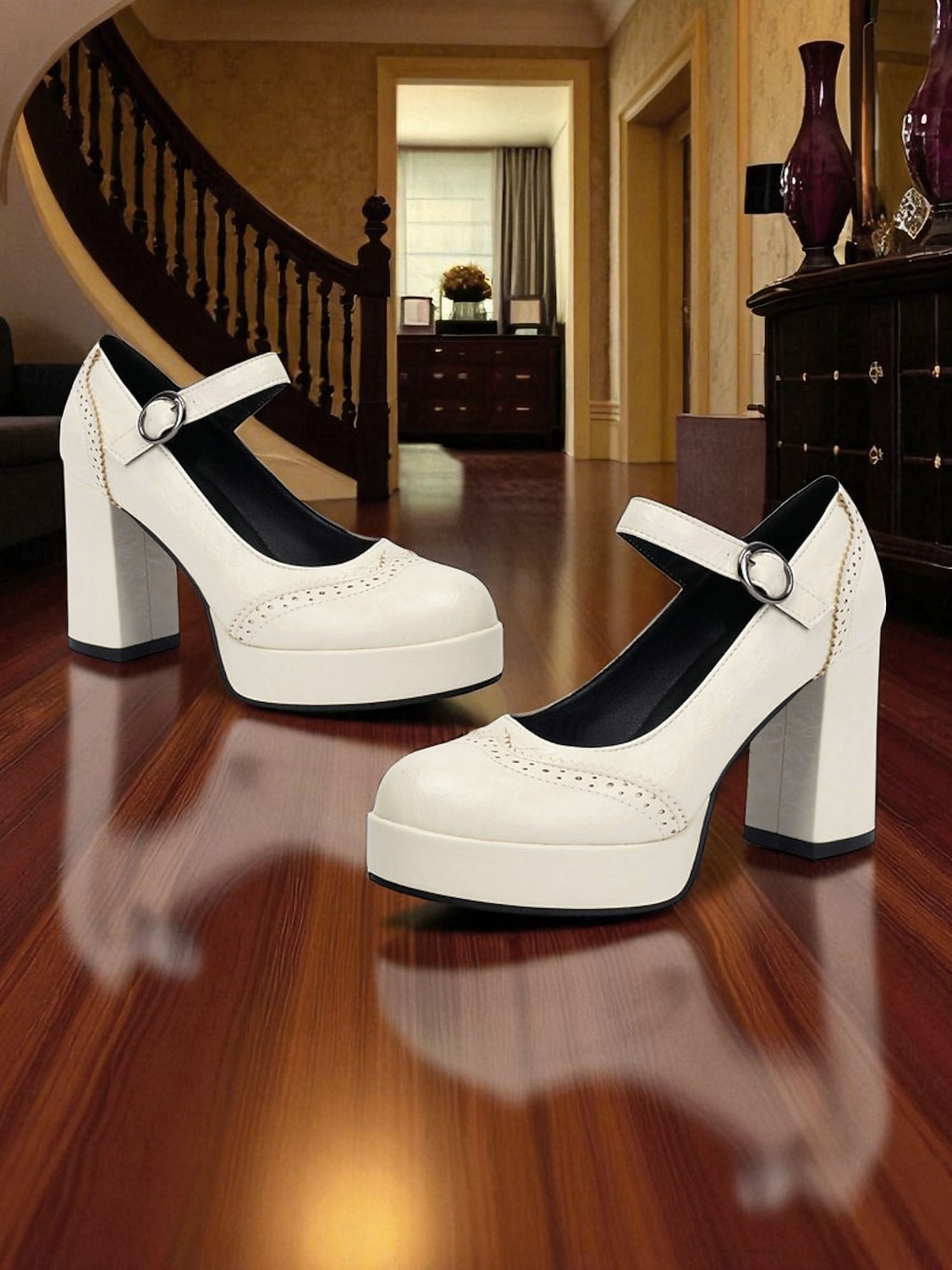 Women's Apricot Mary Jane Platform Pumps - 1950s Retro Chunky Heel Shoes with Brogue Detailing and Adjustable Strap for Office, Tea Parties, and Daily Wear 2025 - $46.99 –P6