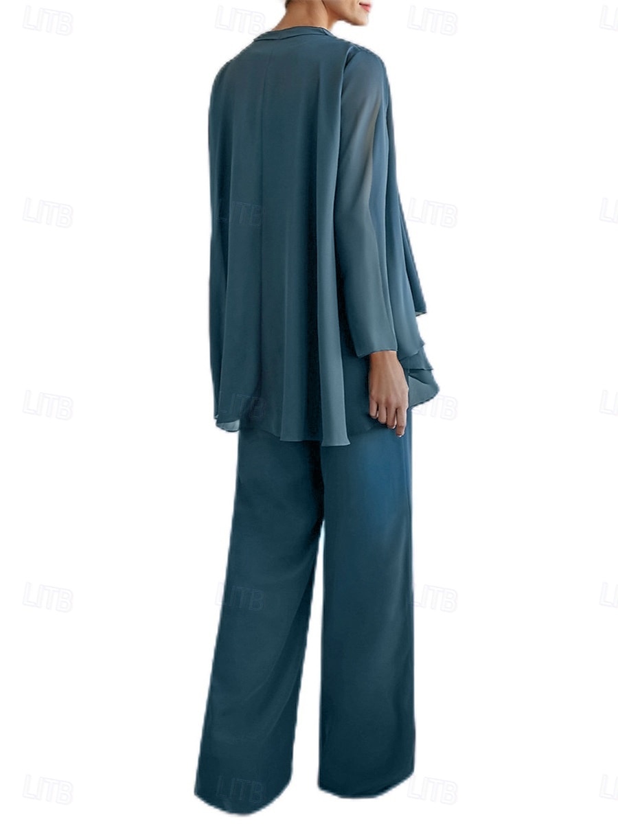 Tailleur-pantalon trois pièces robe mère de la mariée élégante col rond longueur sol polyester manches longues avec perles de 2025 ? $99.99 –P6