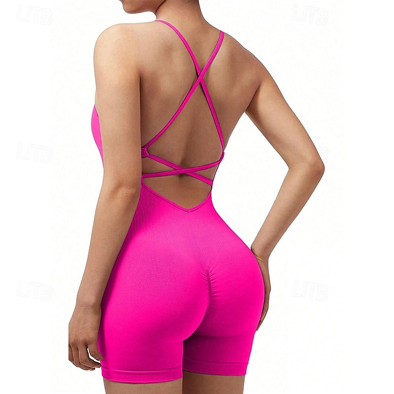 Women's Scrunch Yoga Romper Workout Jumpsuits Backless Solid Color Bodysuit Summer Dark Grey Black Gym Workout Volleyball Running High Waist Tummy Control Stretchy Breathable Sport Activewear Tight 2026 - $22.99 –P6