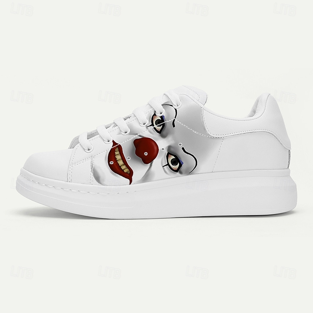 Vita herrsneakers med tryck av onda clownansikten – läskiga halloweenskor för skräckfans och festdeltagare 2025 - $54.99 –P3