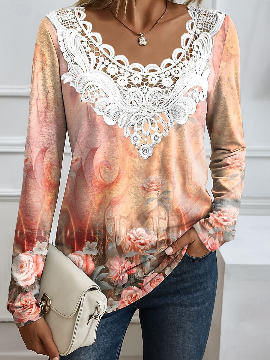 Dames Blouse Bloemig Grafisch Elegant Modieus Lange mouw Ronde hals Normale tops Dagelijks Uitgaan Weekend Kant Lapwerk Afdrukken Blozend Roze Rood blauw Oranje Zomer Lente Herfst 2025 - $24.99 –P4