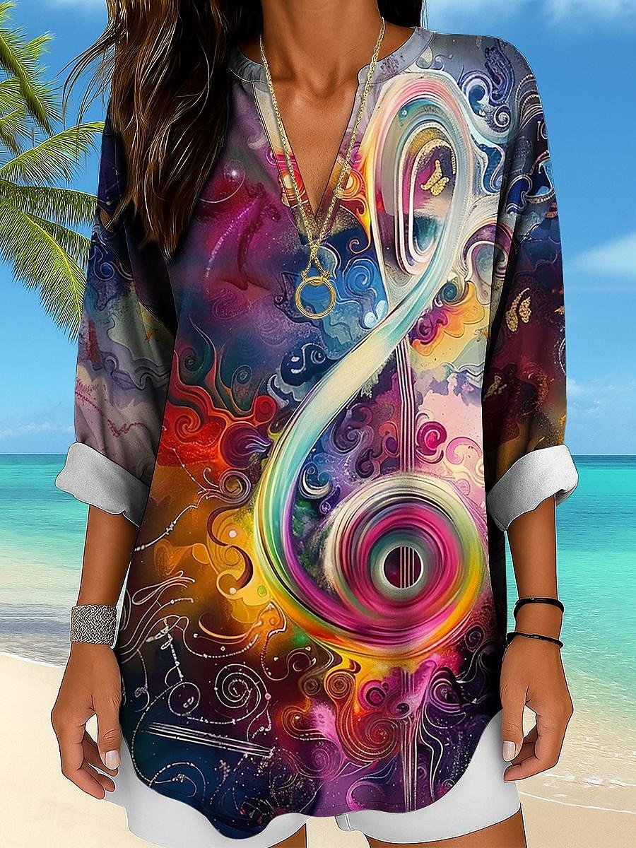 Blusa da donna maniche lunghe tunica ombre grafico geometrico elegante vintage tropicale maniche lunghe scollatura a V top regolari da indossare da giorno vacanze print bianco rosso arcobaleno estate del 2025 a $24.99 –P1