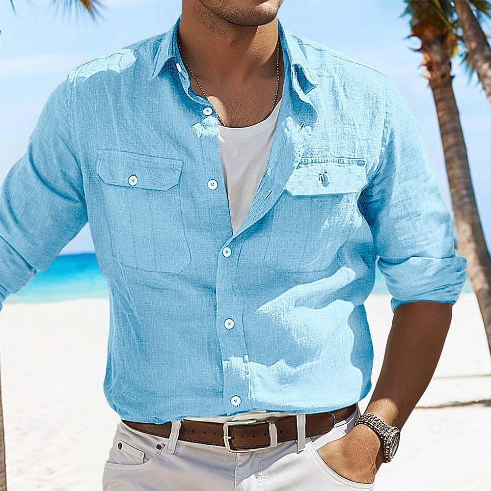 Voor heren Overhemd Linnen overhemd Zomer overhemd Overhemd met knopen Cargoshirt Effen Casual Dagelijks Zwart Wit blauw Khaki Lange mouw Kraag Zomer Lente zomer Kleding Zak 2026 - $25.99 –P10