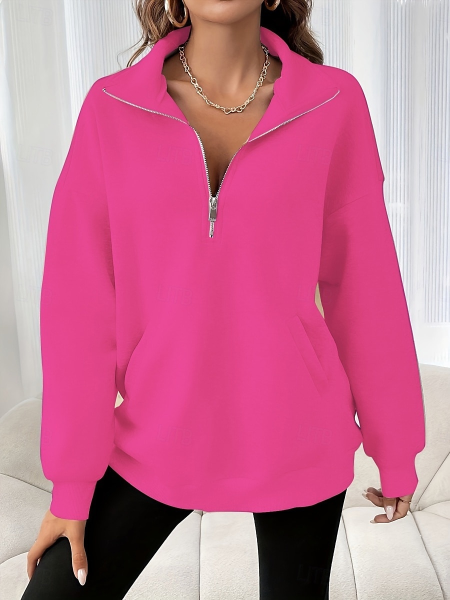 Mulheres Moletom Tecido Casual Manga Longa Gola Alta Tops regulares Rua Dia a Dia Patchwork Zíper Preto Fúcsia Cinzento Escuro Bege Cinzento Outono Inverno de 2025 por $26.99 –P23