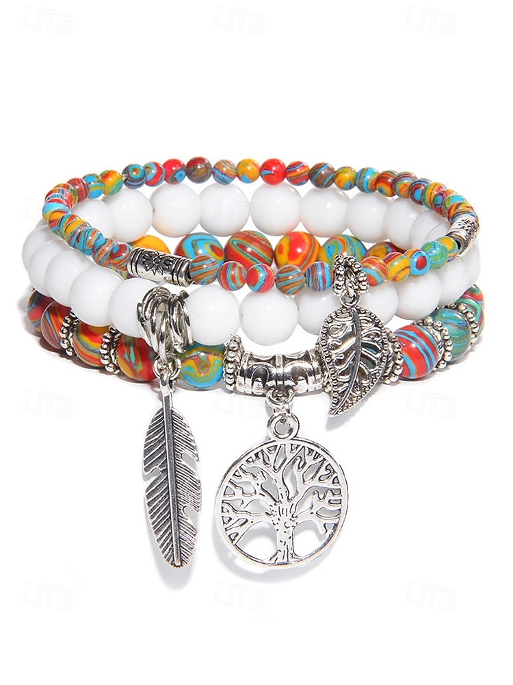 Set di bracciali da donna in stile boho con perline turchesi, con ciondolo a forma di albero della vita e piuma, elastico, perline in pietra naturale, adatti per abbigliamento casual, feste e regali. del 2025 a $9.99 –P7