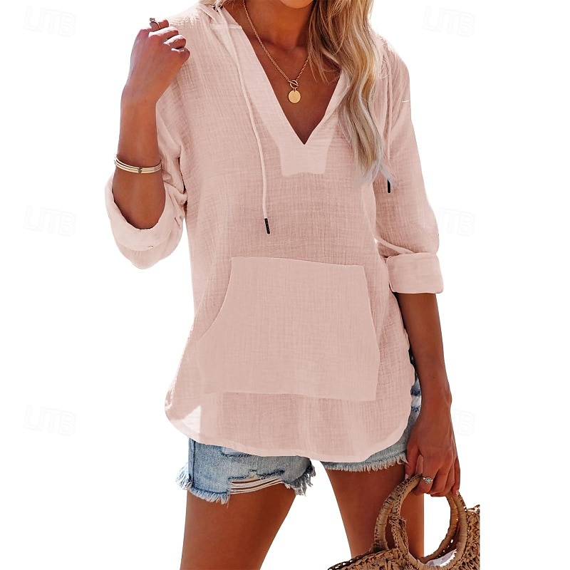Pentru femei Cămașă Bluză Simplu Modern Casual Manșon Lung În V Topuri obișnuite Zilnic Concediu Buzunar Blush Pink Negru Alb Bleumarin Albastru celest Toamnă 2025 - $21.99 –P17