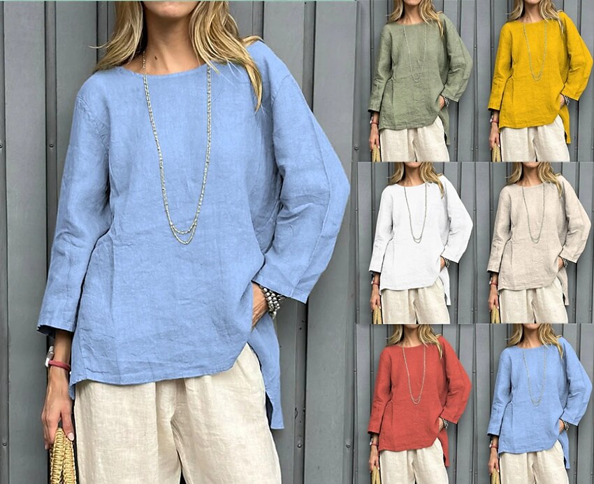 Damen Bluse Einfarbig Vintage Lässig Boho Langarm Rundhals Normale Oberteile Täglich Wochenende Patchwork Weiß Gelb Rote Himmelblau Khaki Frühling, Herbst, Winter, Sommer 2025 - $22.99 –P1