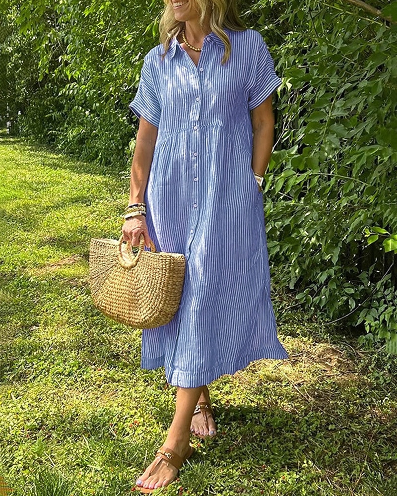Femmes Robe Longue Maxi Robe Robe Chemise Robe Décontractée Mode Extérieur Soirée Fête Coupe régulière Rayé Manche Courte Col de chemise Noir Blanche Jaune Rose Claire Été de 2025 ? $38.99 –P1