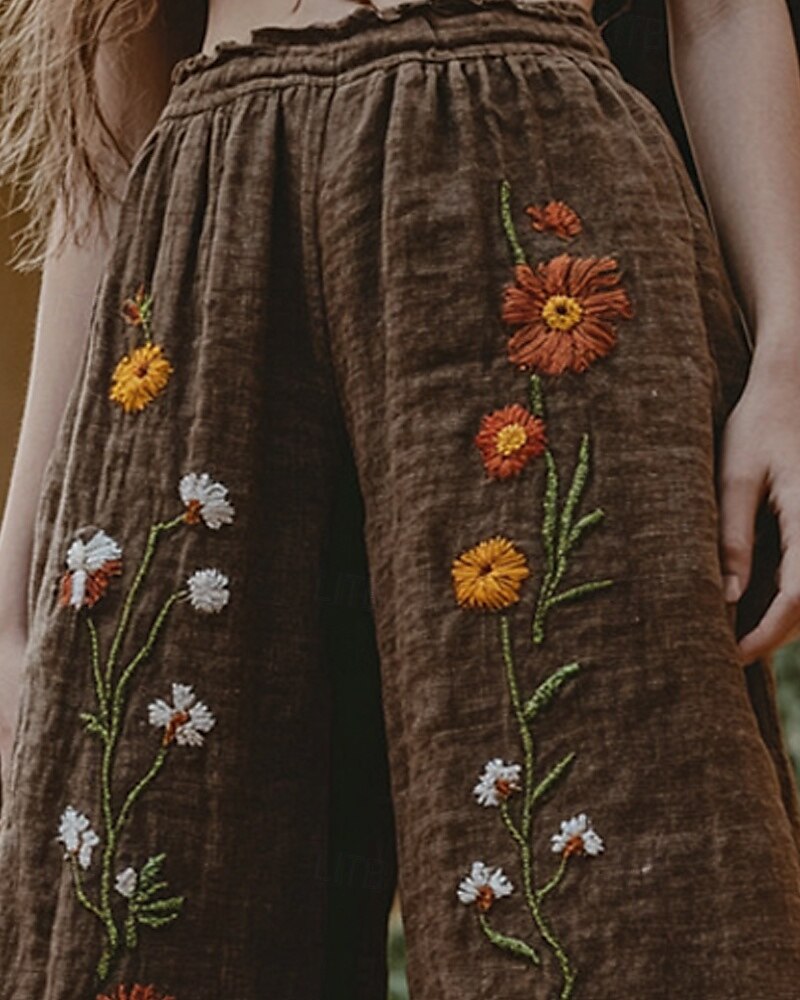 Women's Wide Leg Pants Trousers Palazzo Pants Fashion Boho Full Length High Waist Flower Elastic Waist Print Breathability Comfortable Street Daily Wear Going out dark brown Coffee Spring Fall 2025 - $32.99 –P3