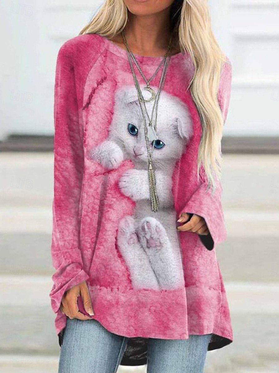 Dame T skjorte Grafisk Dyr Katt Årgang søt stil Stilfull Langermet Crew-hals Rund hals Lange topper Daglig Trykt mønster Hvit Rosa Blå Vår Høst 2025 - $24.99 –P1