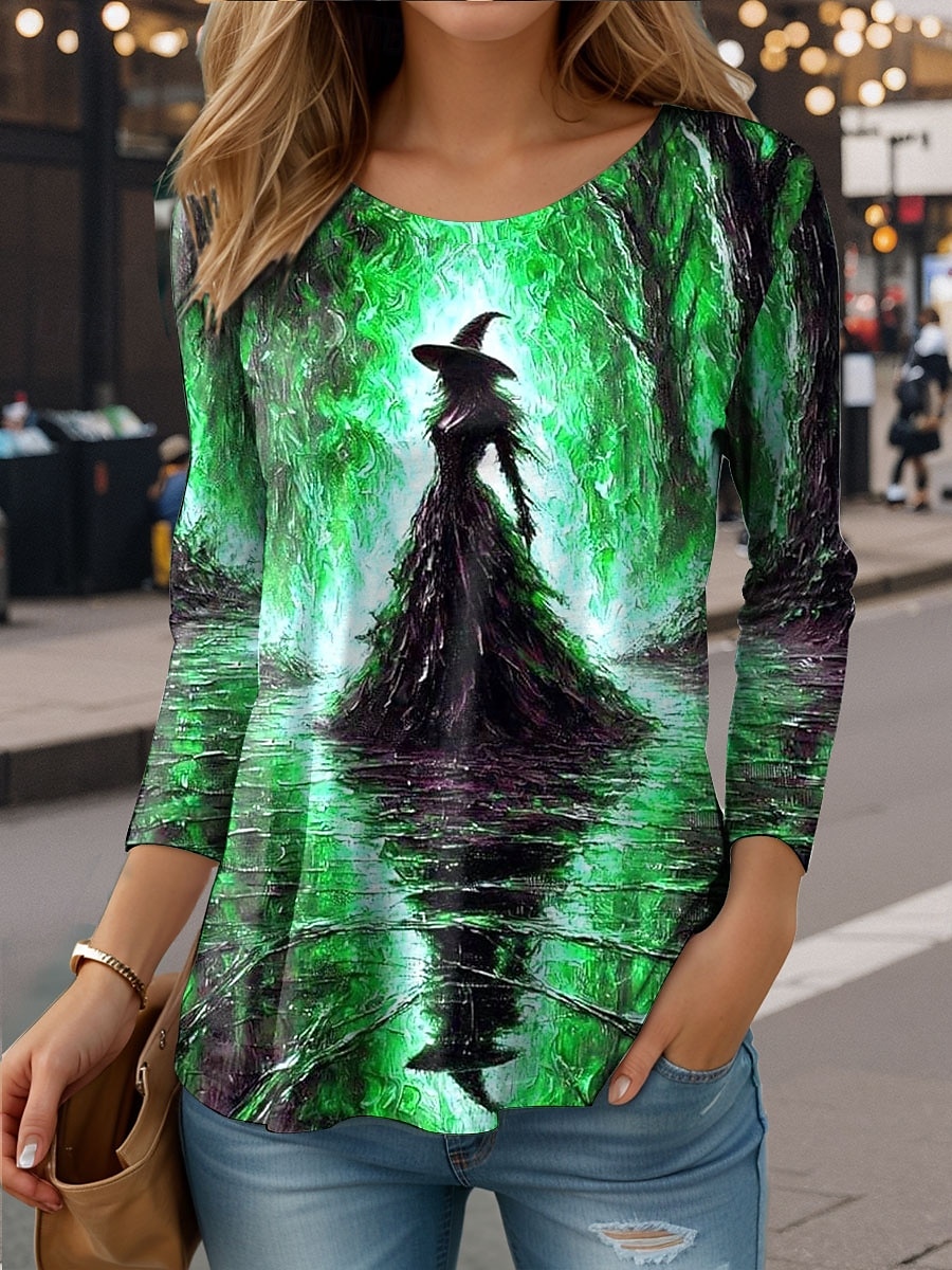 Halloween Pentru femei Tricou Grafic Vrăjitoare Epocă Stilat Casual Manșon Lung Stil Nautic Rotund Topuri obișnuite Zilnic Imprimeu Albastru piscină Mov Portocaliu Trifoi Vară Primăvară Toamnă 2025 - $8.99 –P5