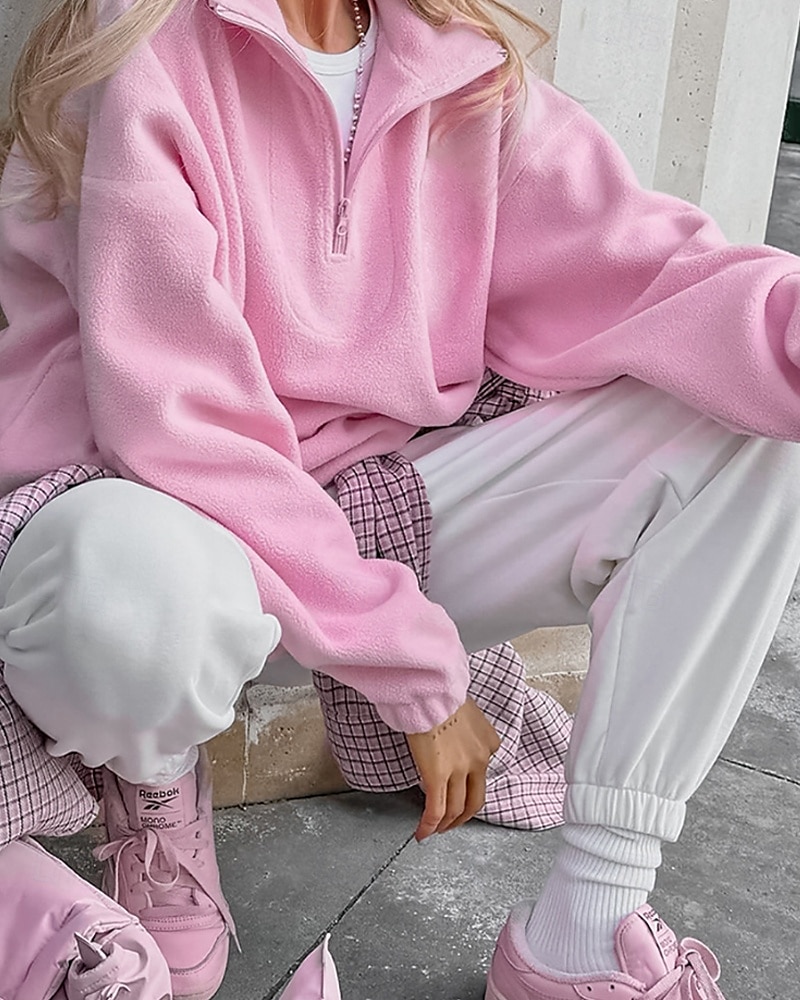 Damen Freizeitjacke Warm Bequem Reißverschluss Lässig Einfach Urlaub Ausgehen Pullover Regulär Umlegekragen Normale Passform Langarm Oberbekleidung Rosa Herbst Winter 2025 - $24.99 –P2