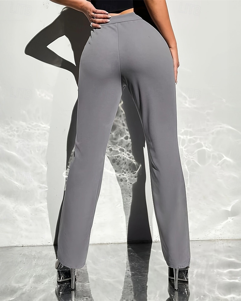 Mulheres Social Perna larga Calças Moda Roupa de rua Comprimento total Cintura Alta Tecido Bolsos Respirabilidade Confortável Rua Roupa Diária Para Noite Preto Azul Marinha Damasco Cinzento Primavera de 2025 por $18.99 –P3
