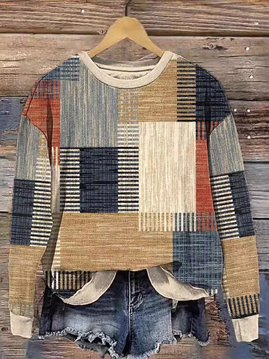 Mulheres Moletom Moletons Gráfico Geométrica Xadrez Moda Casual Manga Longa Gola Redonda Tops regulares Rua Dia a Dia Imprimir Azul Roxo Verde cáqui Primavera Outono Inverno de 2025 por $27.99 –P1