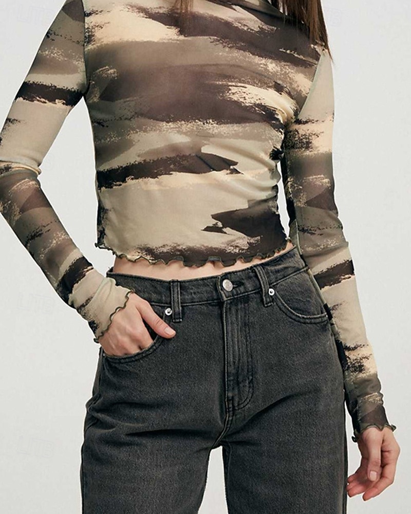 Dames T-shirt Luipaard Modieus Modern Lange mouw Strakke ronde hals Normale tops Dagelijks Netstof Kastanjebruin Licht Bruin Bruin Zomer 2025 - $16.99 –P4