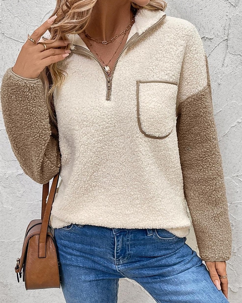 Pentru femei Hanorace Hanorace cu fermoar Bloc Culoare Șic Stradă Casual Sherpa Fleece Manșon Lung Gât Înalt Topuri obișnuite Stradă Concediu Ieșire Quarter Zip Kaki Iarnă 2025 - $31.99 –P3