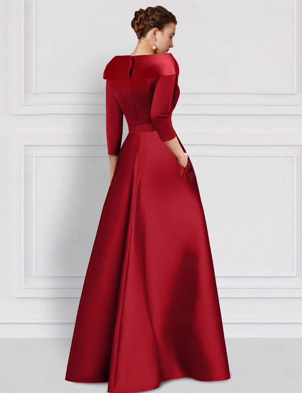 Robe de soirée vintage A-line rouge robe élégante en tuxedo longueur au sol manches 3/4 col de chemise en satin avec appliques de 2025 ? $145.99 –P2