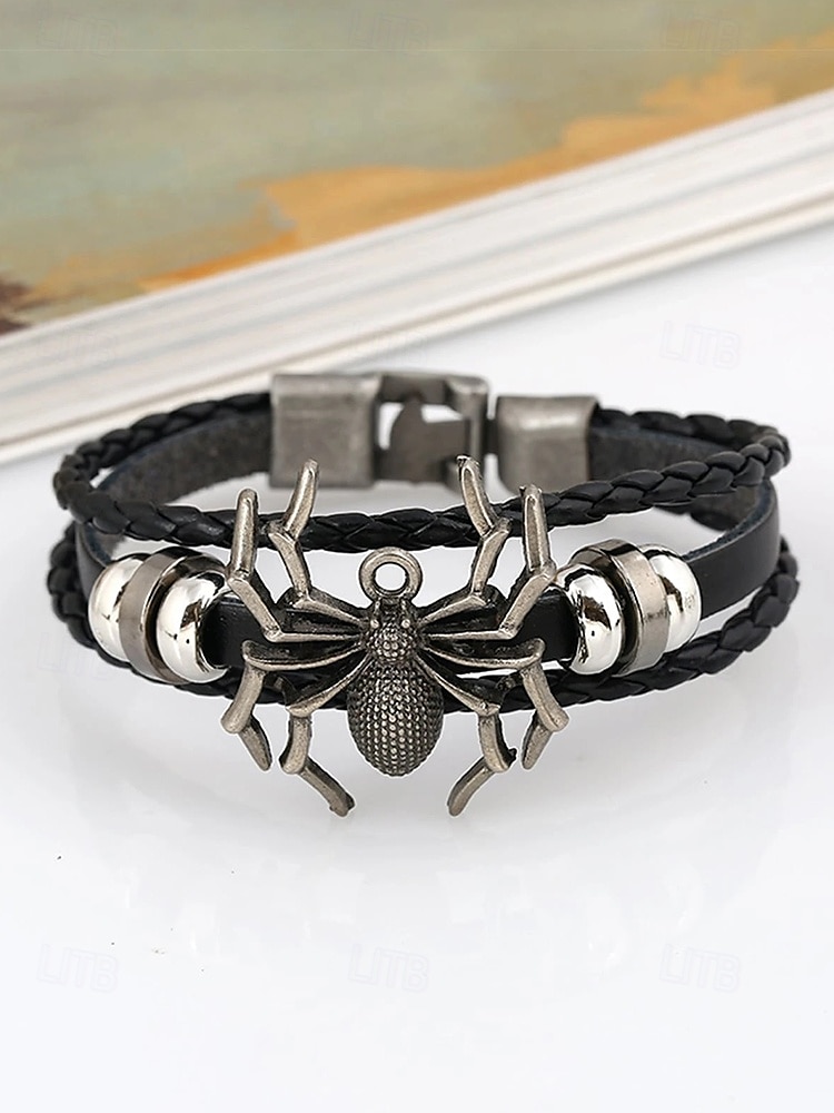 Bracelet araignée d'Halloween pour homme – Bracelet tressé en similicuir gothique avec breloque araignée en alliage, bijou ajustable de style punk pour fêtes, cosplay et événements en boîte de nuit de 2025 ? $7.99 –P6