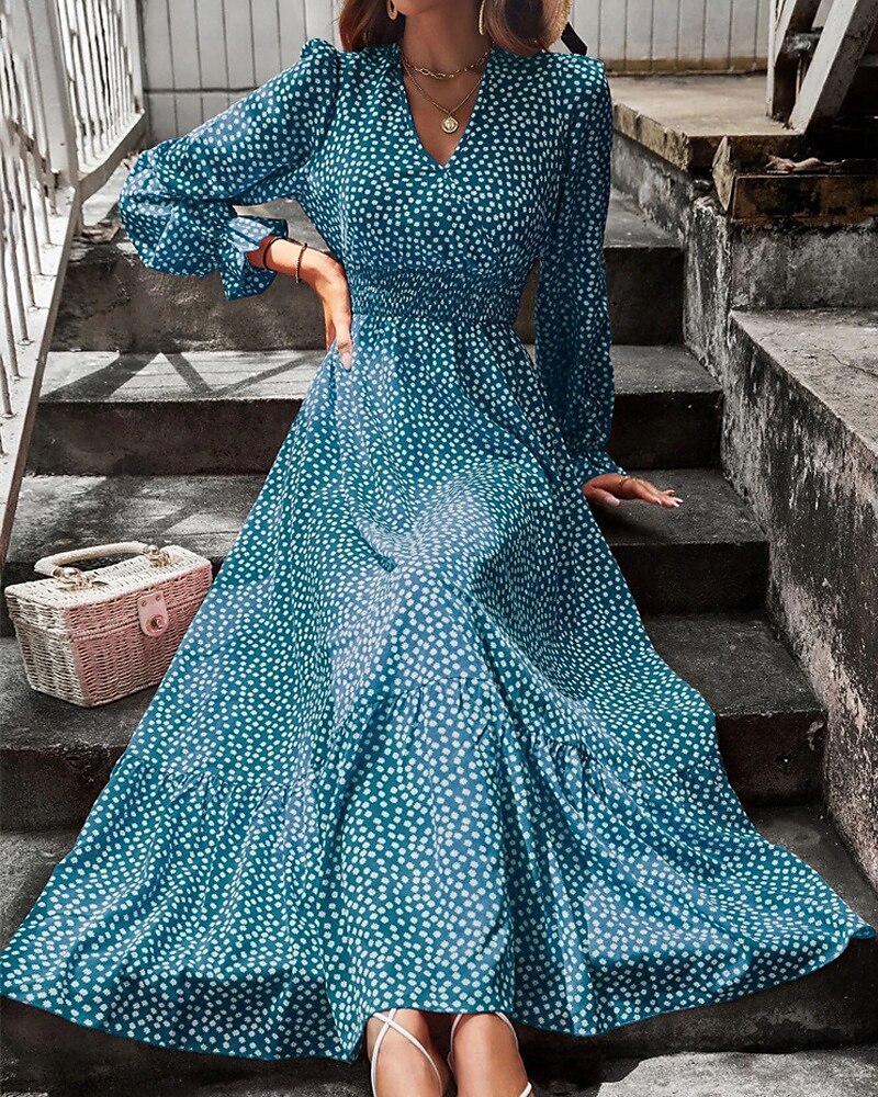 Damen Langes Kleid Maxikleid Freizeitkleid Druckkleid Mode Modern Täglich Strand Wochenende Normale Passform Blume Langarm V Ausschnitt Schwarz Rote Blau Grün Sommer Frühling Herbst 2025 - $23.99 –P4