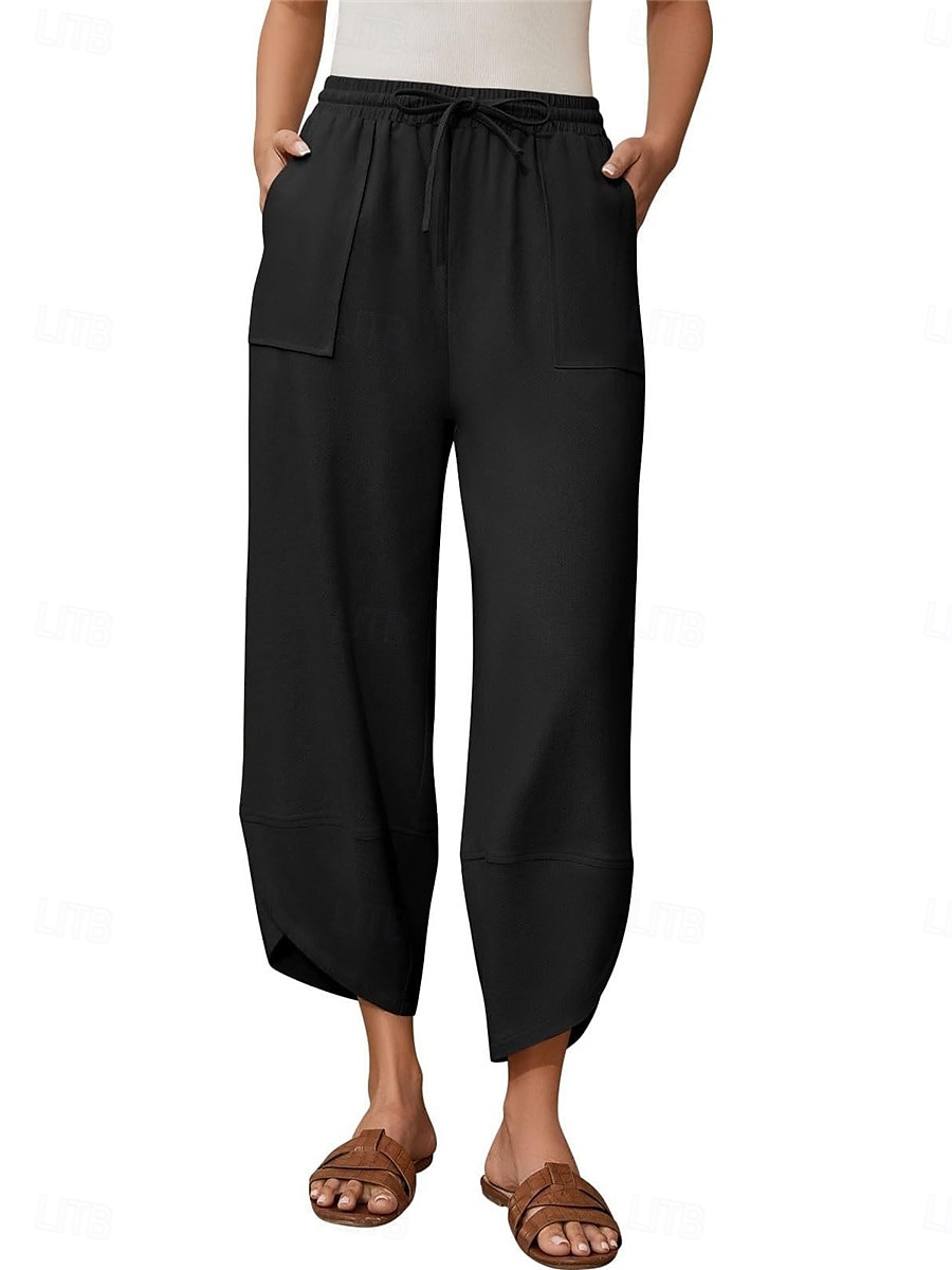 Mulheres Calças de linho de algodão chinês Moda Básico Comprimento total Cintura Alta Tecido Bolsos Com Cordão Conforto Exterior Micro-Elástica Férias Rua Diário Verde Militar Preto Azul cáqui Verão de 2025 por $23.99 –P13