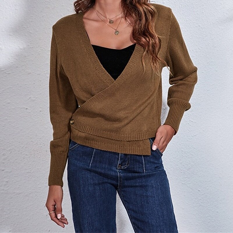 Mujer Pull-over Casual Color sólido Fornido Escote en Pico De Punto Manga Larga Tops regulares Tejer Diario Festivos Noche Marrón Otoño Invierno 2025 - $21.99 –P3