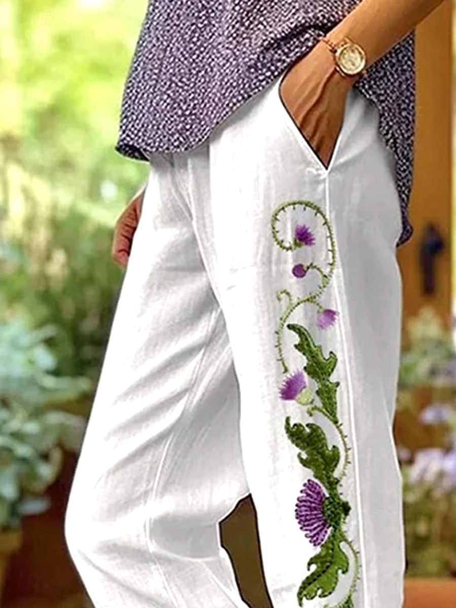 Dam Kinesiska Rak Semester Vintage Etnisk Stil Ankellång Hög midja Blommig Grafisk Broderad Ficka Tryck Mjuk Utomhus Andningsfunktion Oelastisk Semester Gata Casual Vit / Grön Sommar Vår Höst Lös 2025 - $32.99 –P2
