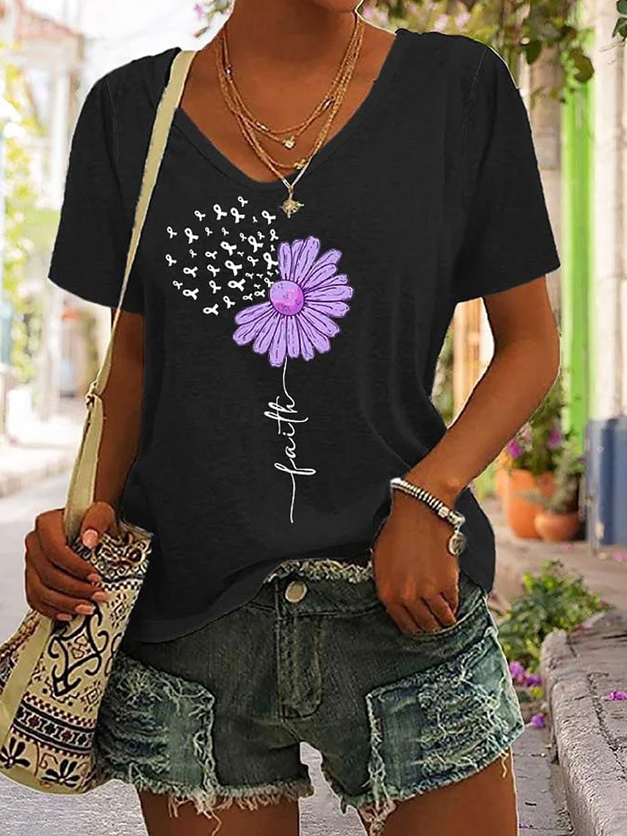 Femmes T-shirt Fleuri Graphique Lettre Bohème ancien Élégant Manche Courte Col en V Hauts Réguliers Quotidien Sortir Week-end Imprimé Noir Blanche Rose Claire Violet Vert Été Printemps de 2025 ? $19.99 –P1