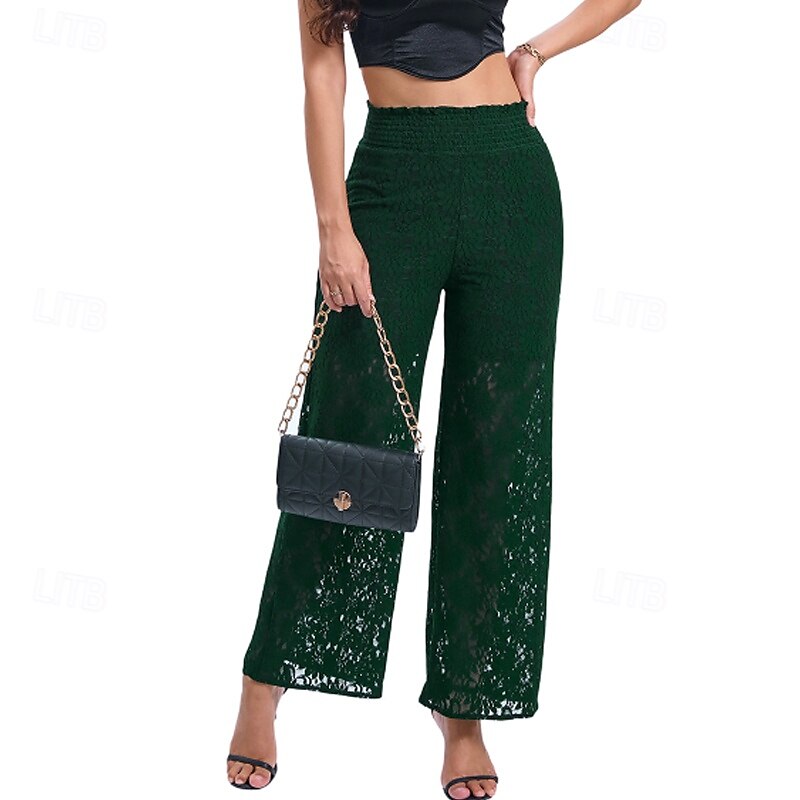 Femmes Jambe large Slacks Streetwear Occasionnel Longueur complète Naturel Uni Dentelle Patchwork Taille Élastique Confortable Fête Sortir Vert translucide Noir Blanche Bleu de minuit Automne Coupe de 2025 ? $16.99 –P19