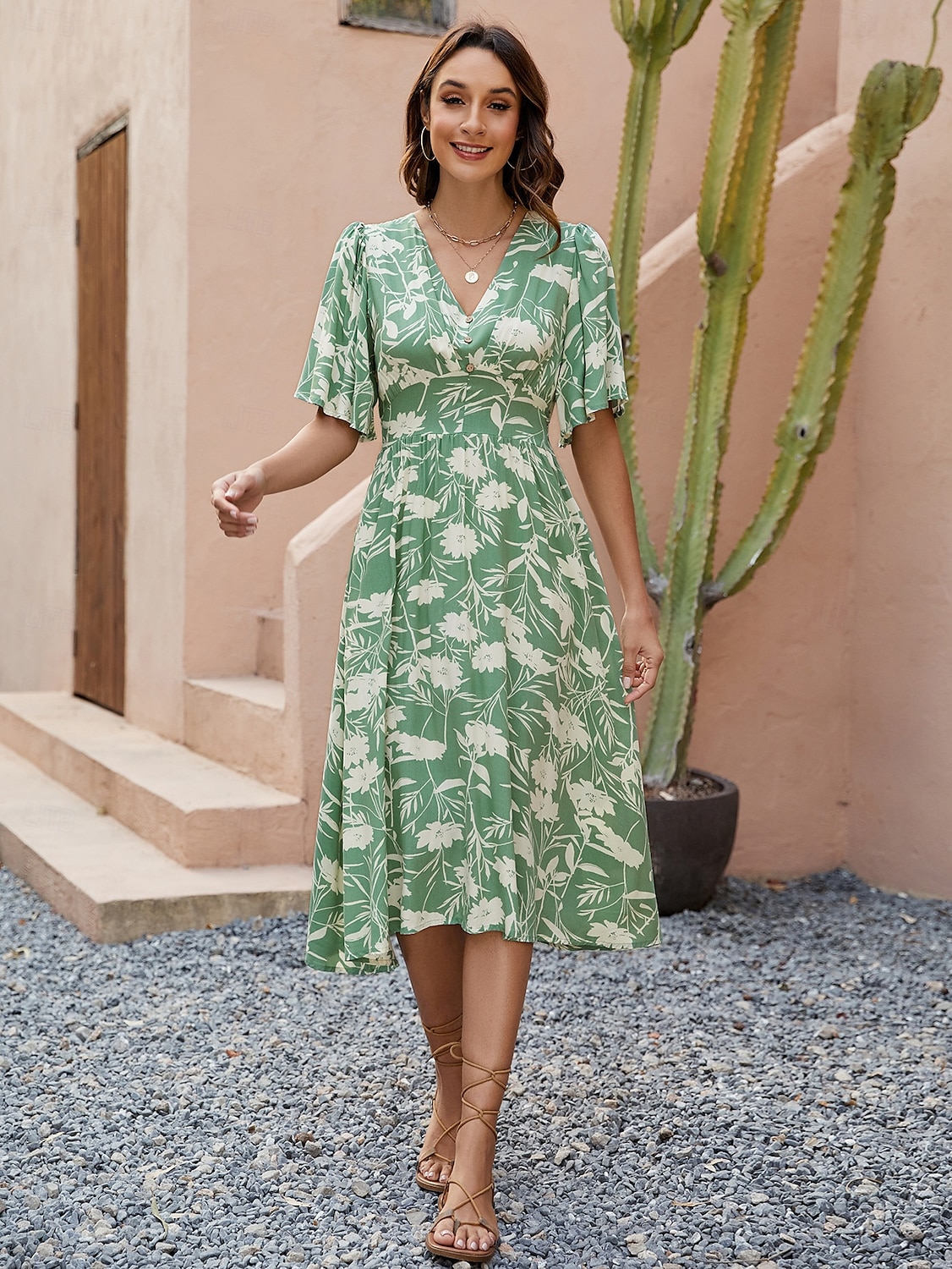 Damen Midikleid Sommerkleid A Linie Kleid Urlaub Party Lässig Schmetterling Party Ausgehen Strand Standard Passform Blumen Grafik Kurzarm V Ausschnitt Grün Sommer Frühling Herbst 2025 - $32.99 –P5